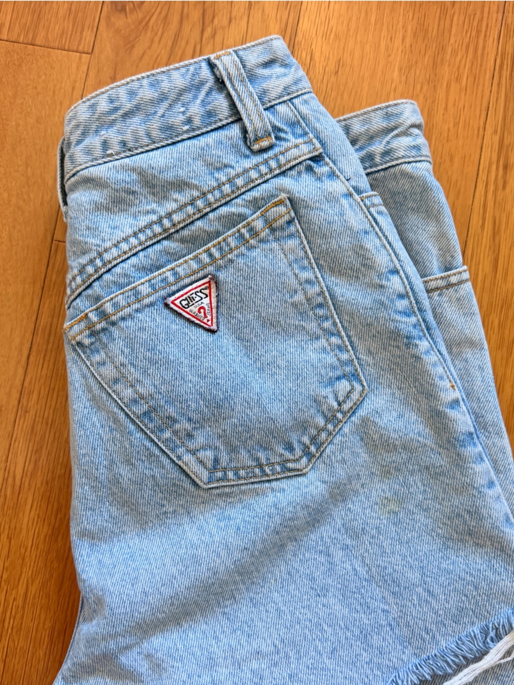 Vtg Guess Light Blue Denim Shorts with Triangle Logo Patch